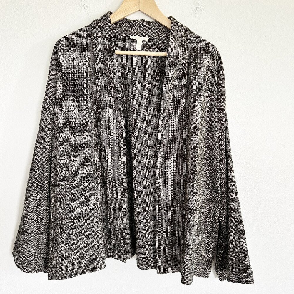 Eileen Fisher Jacket L Brown Tweed Linen Blend Open Front Boxy